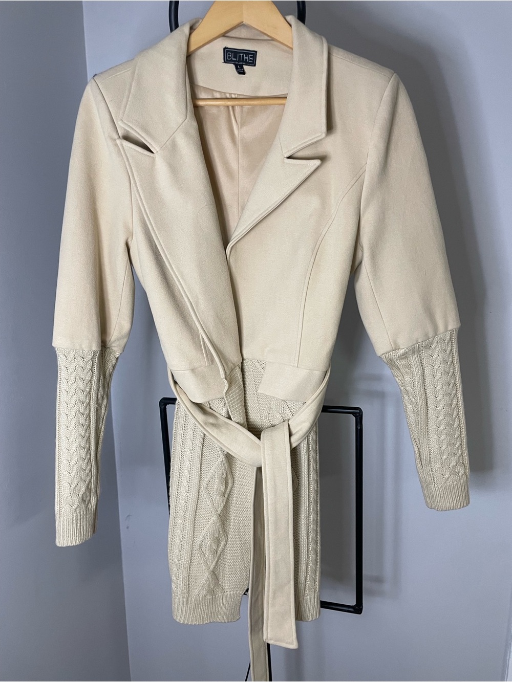 Blithe Cream Knit-Panel Belted Trench Coat
